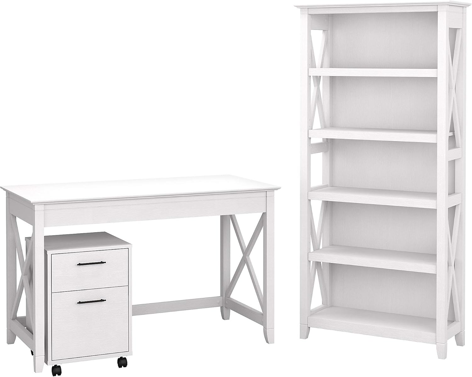 48W Writing Desk with 2 Drawer Mobile File Cabinet and 5 Shelf Bookcase in Bing Cherry G9541