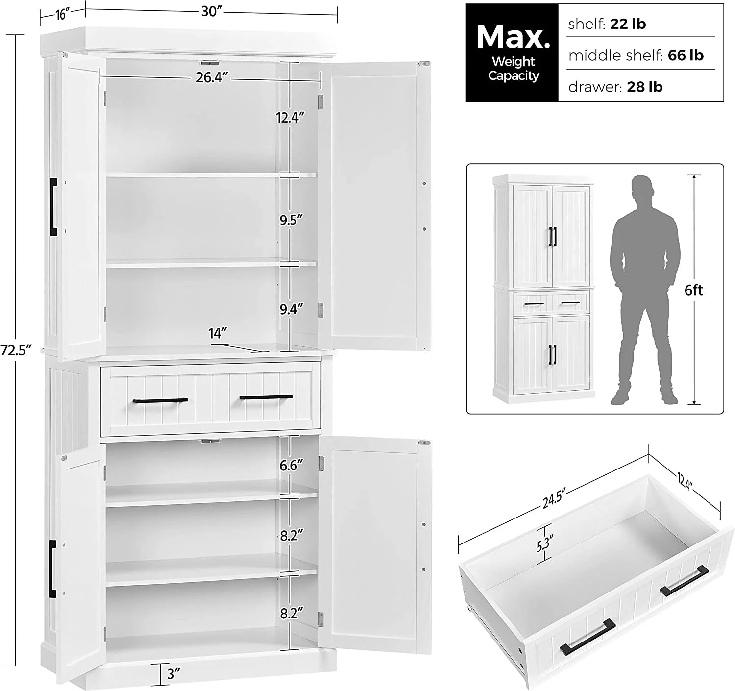 White Freestanding Kitchen Pantry Storage Cabinet with Drawer and 2 Adjustable Shelves V842852
