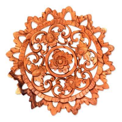 Lotus Blossom Circle Floral Wood Relief Panel Wall Décor P117023