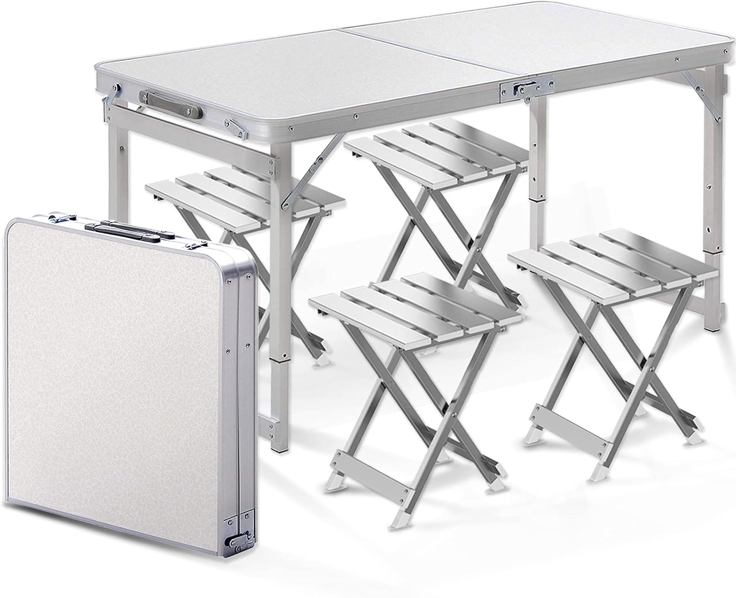 White 4 Foot Adjustable Height Folding Aluminum Camping Table with Stools W874757