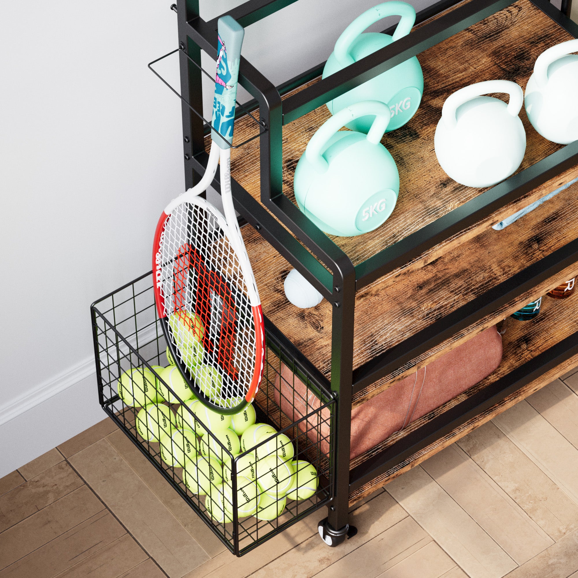 Dumbbell Rack with Ball Cage, Hooks and Wheels A73258