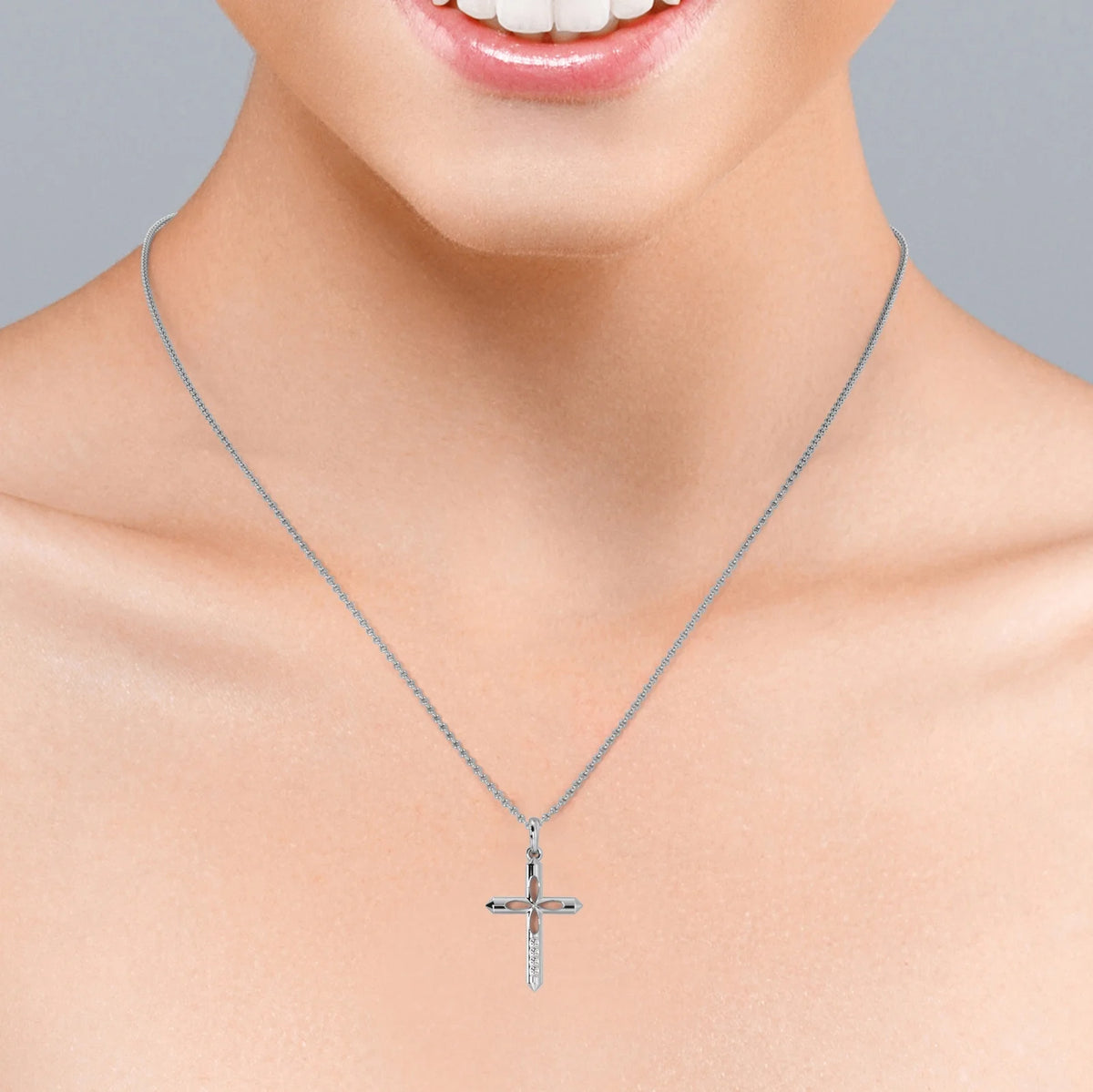 4-Petal Pencil Diamond Mini-Pave Pendant Necklace in 18K White Gold Plating over Silver A34878