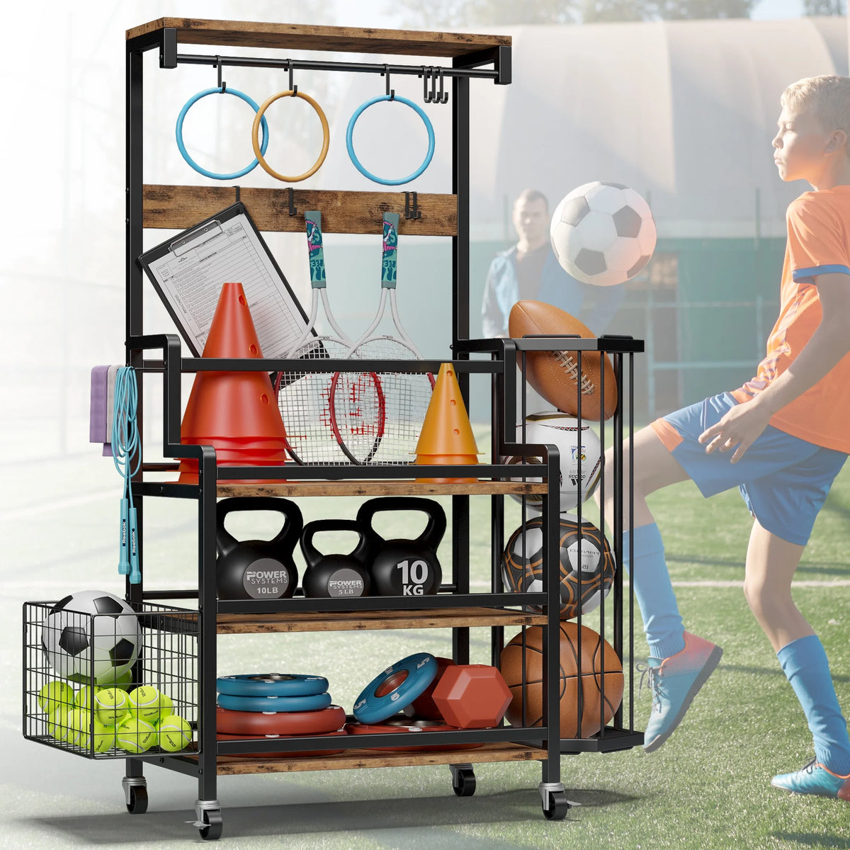 Dumbbell Rack with Ball Cage, Hooks and Wheels A73258
