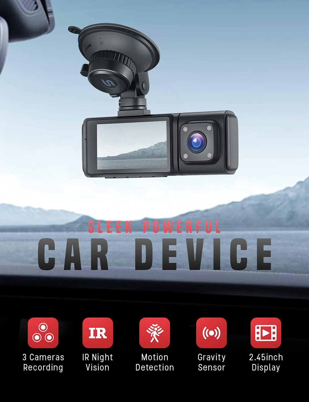 3 Channel Full HD 1080P Dash Camera with IR Night Vision, 2.45 Inch IPS Screen, Pack of 2 B45017