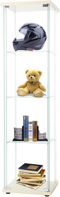 4-Shelf Glass Display Cabinet with Door, Tempered Glass Floor Standing Bookshelf Natural Wood J8289