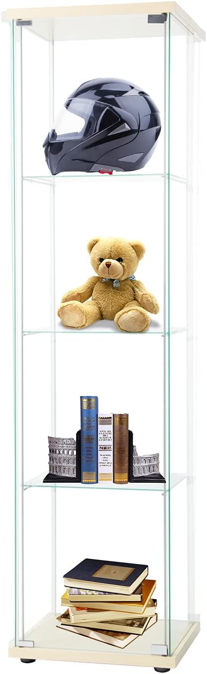4-Shelf Glass Display Cabinet with Door, Tempered Glass Floor Standing Bookshelf Natural Wood J8289