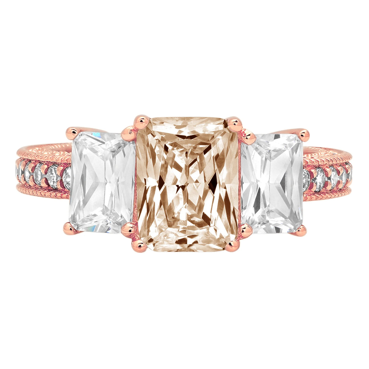3.61ct emerald cut champagne simulated diamond 18k rose gold 3 stone ring size 7.75 N6391