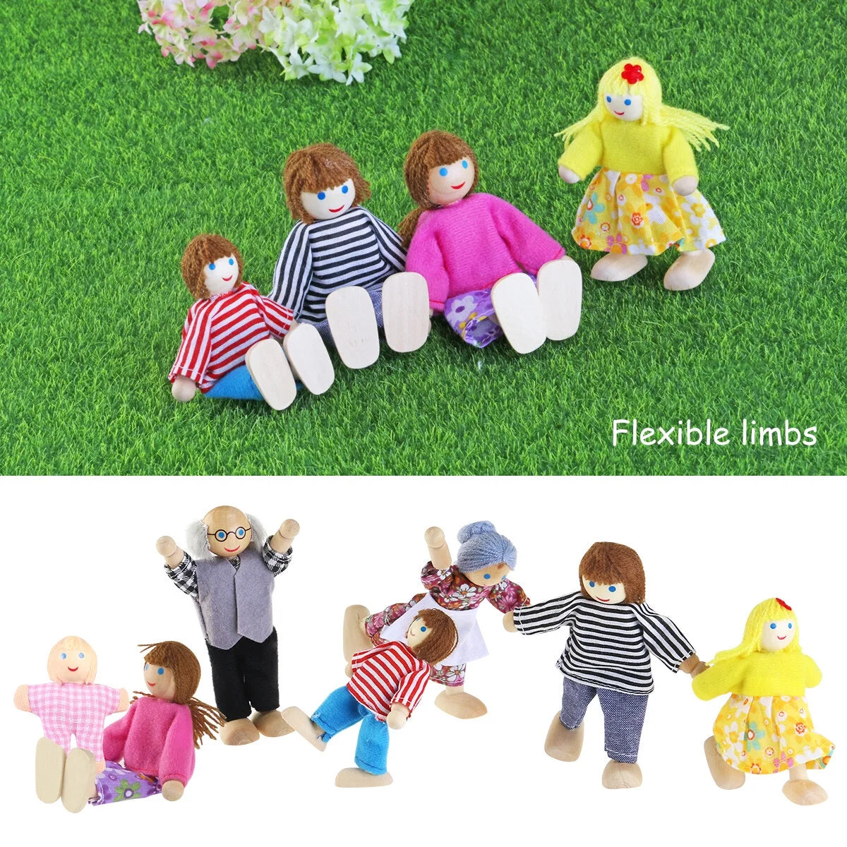 7 Pieces Wooden Dollhouse Family Set Mini People Figures B772
