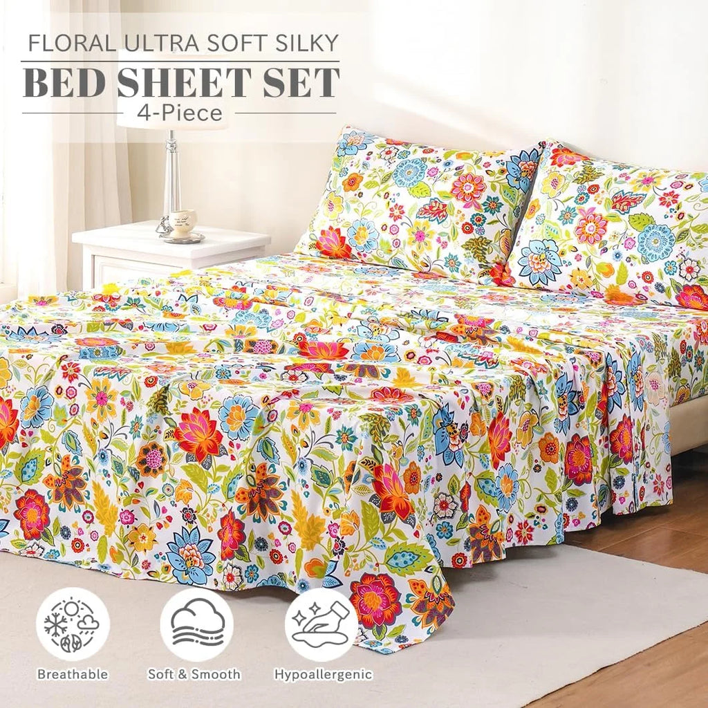 4 Piece Full Size Microfiber Sheet Set with Floral Design P249
