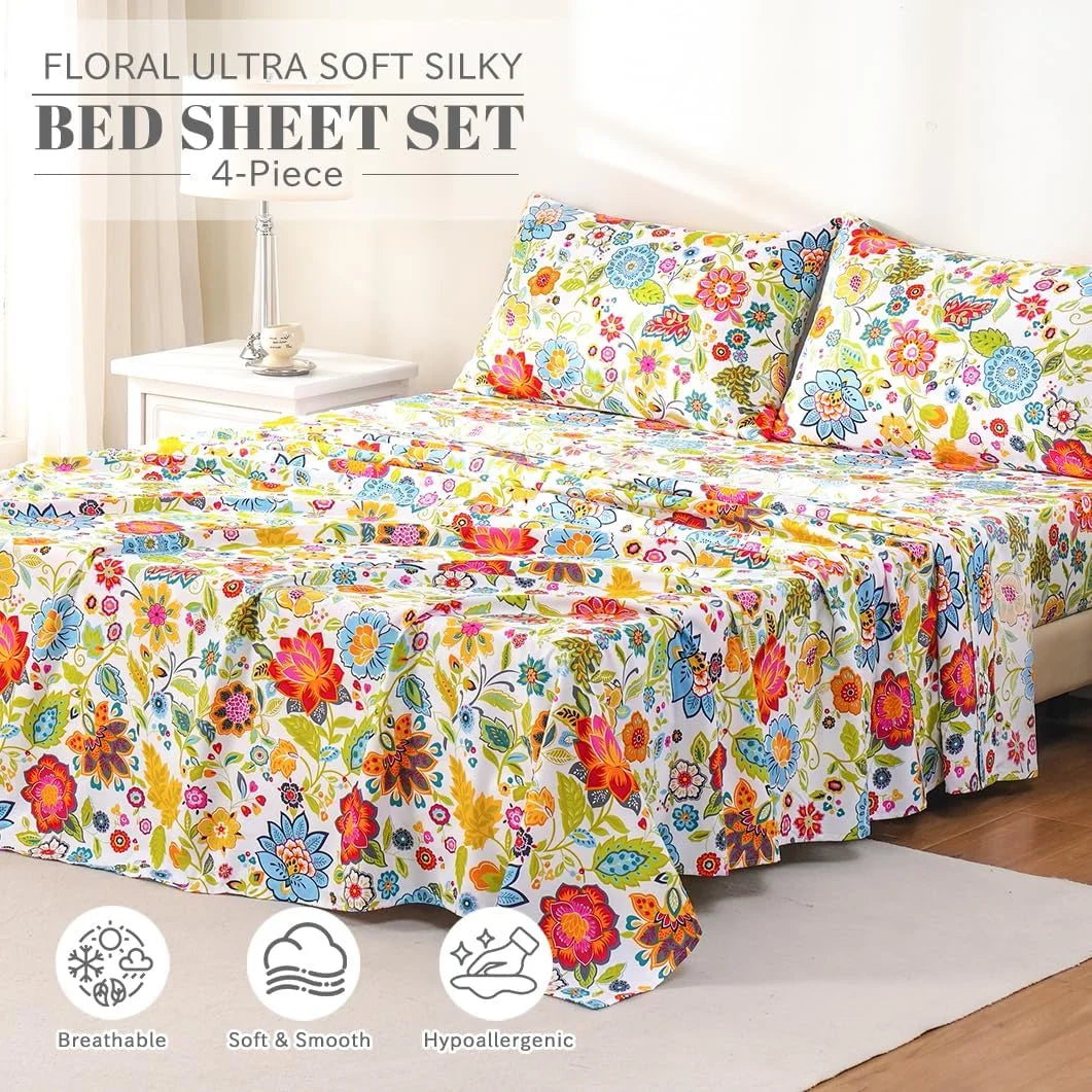 4 Piece Full Size Microfiber Sheet Set with Floral Design P249