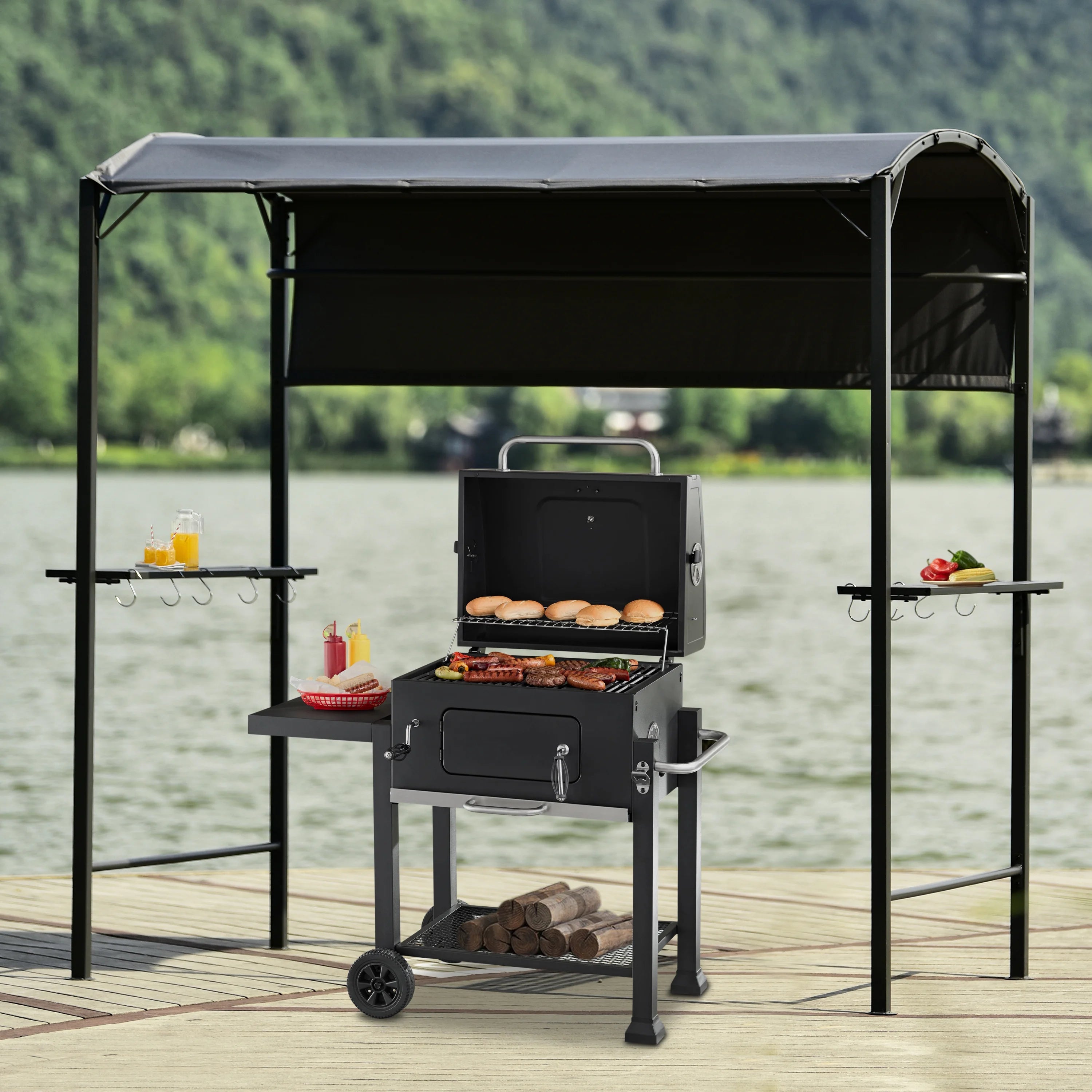 Outdoor Iron Double Tiered BBQ Grill Gazebo with Side Awning, Gray M7973