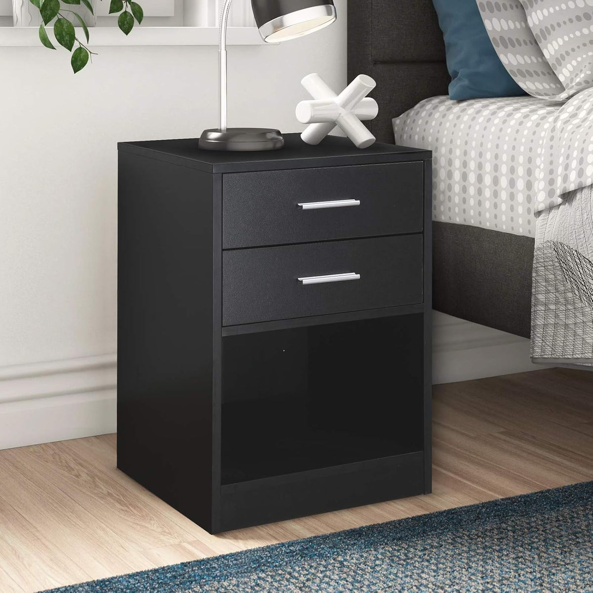 Black Double Drawer Nightstand with Shelf W812