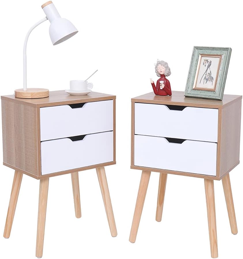White&Natural 2 Drawer Nightstand with Solid Wood Legs Z6585