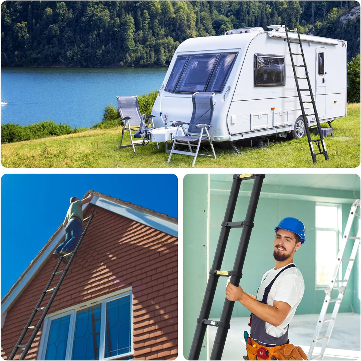 Telescoping Ladder 10.5 FT Aluminum with 2 Detachable Roof Hooks and 2 Triangle Stabilizers K831300