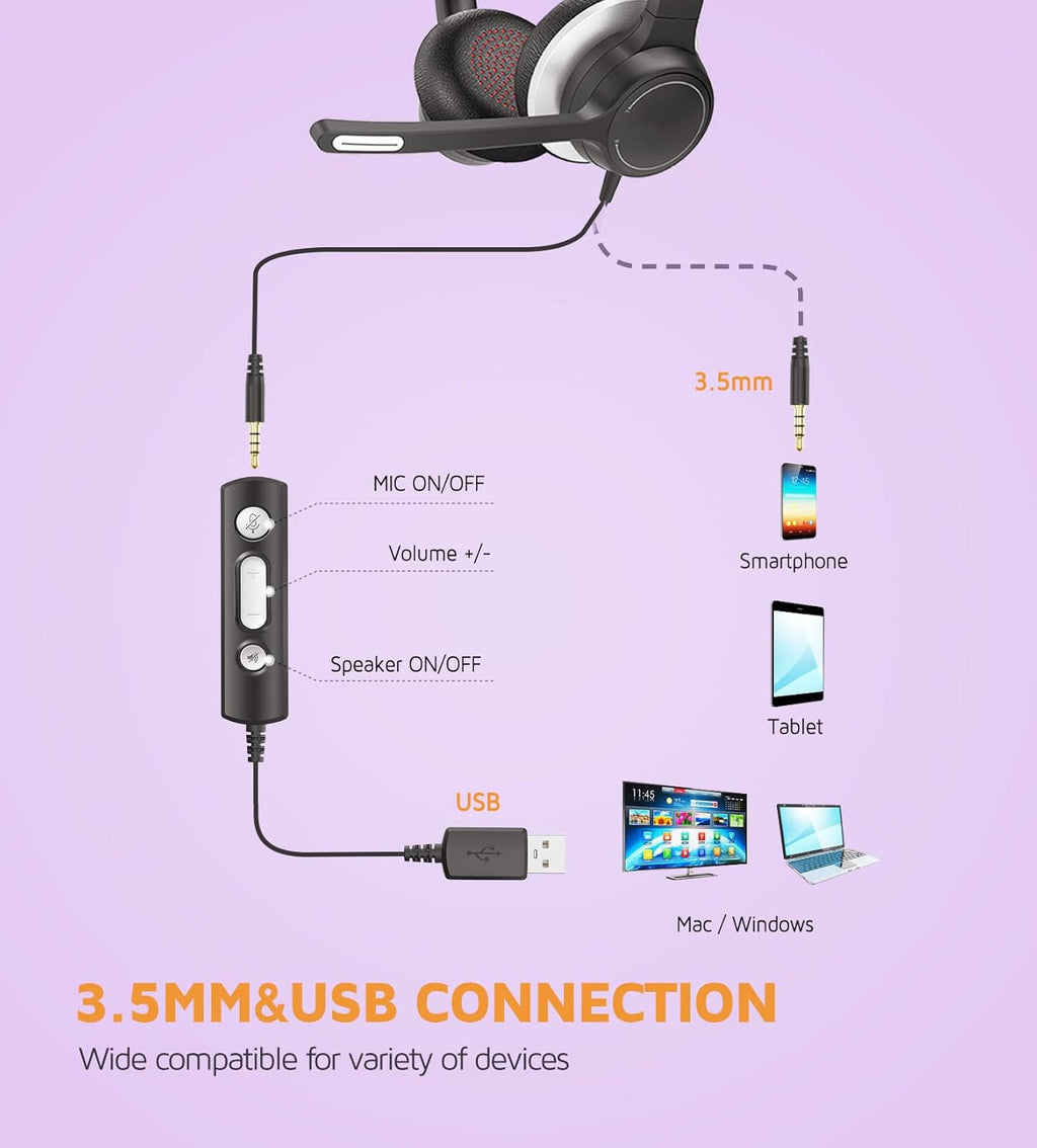 USB Headset with Noise Canceling Microphone, 3.5mm Wired, On-Ear J399