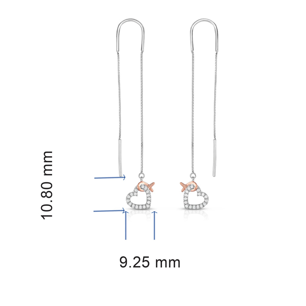 1/5 Cttw Diamond Pink Ribbon and Heart Dangle Threader Earrings in Rhodium Plated Sterling Silver L5076