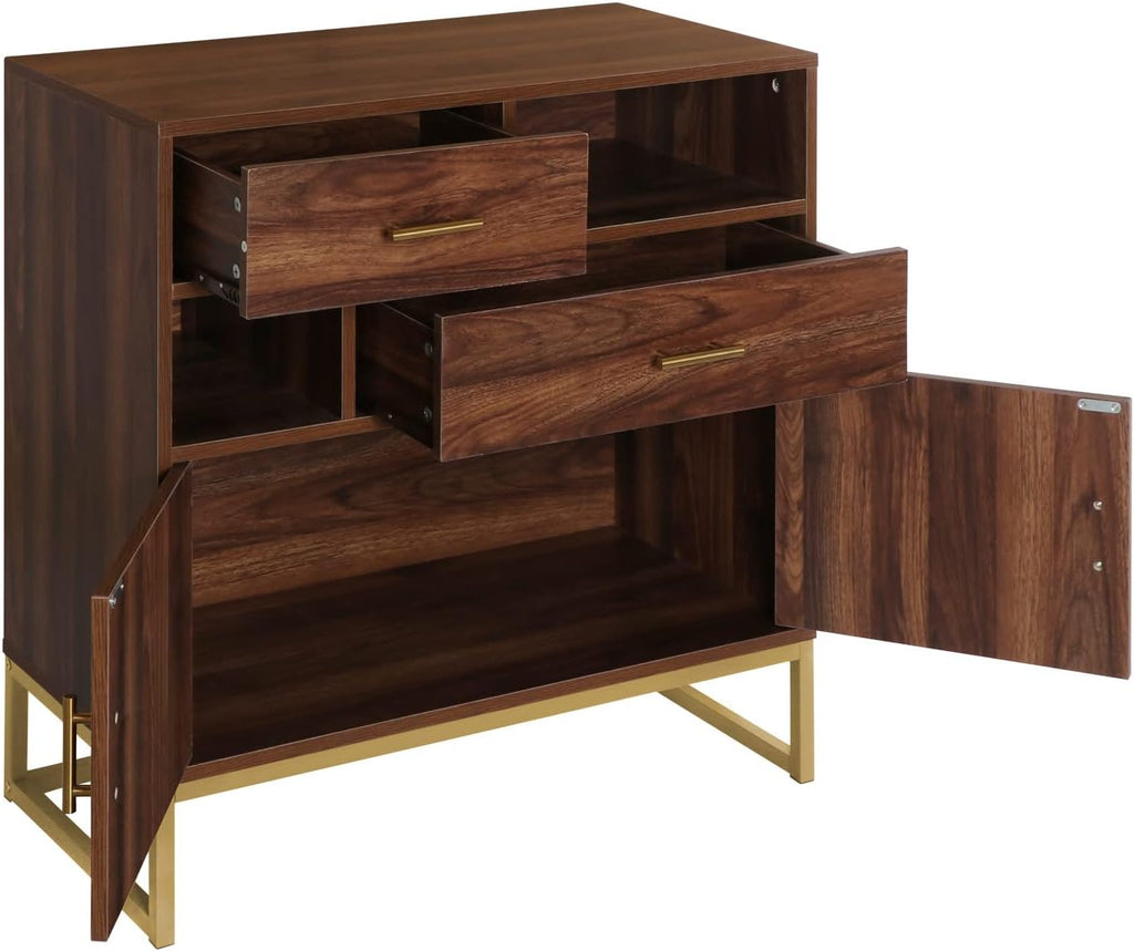 Walnut Wood 2 Doors Accent Storage Cabinet with Drawers and Shelves O6741
