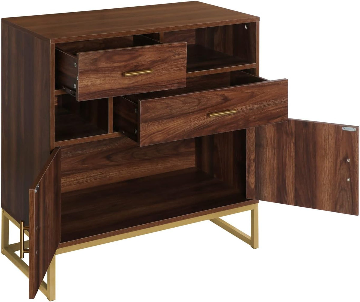 Walnut Wood 2 Doors Accent Storage Cabinet with Drawers and Shelves O6741