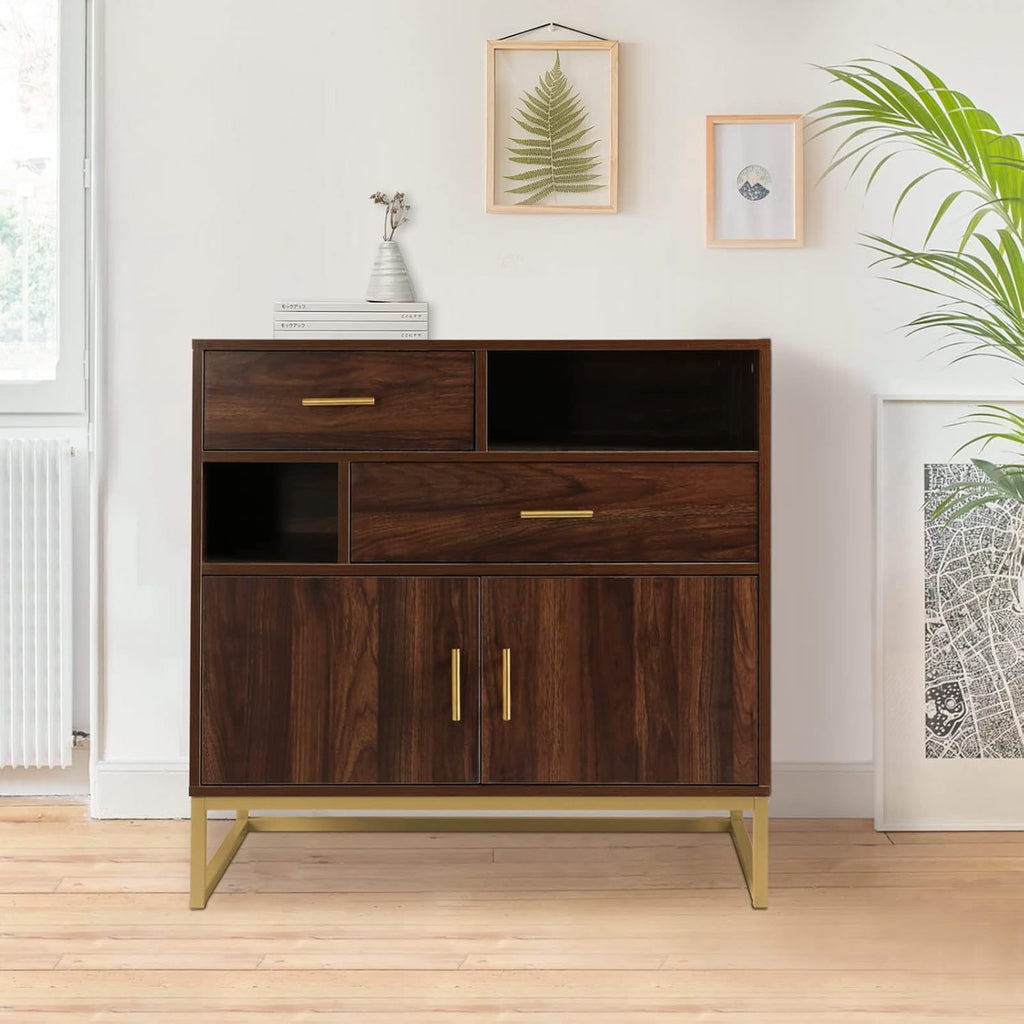 Walnut Wood 2 Doors Accent Storage Cabinet with Drawers and Shelves O6741
