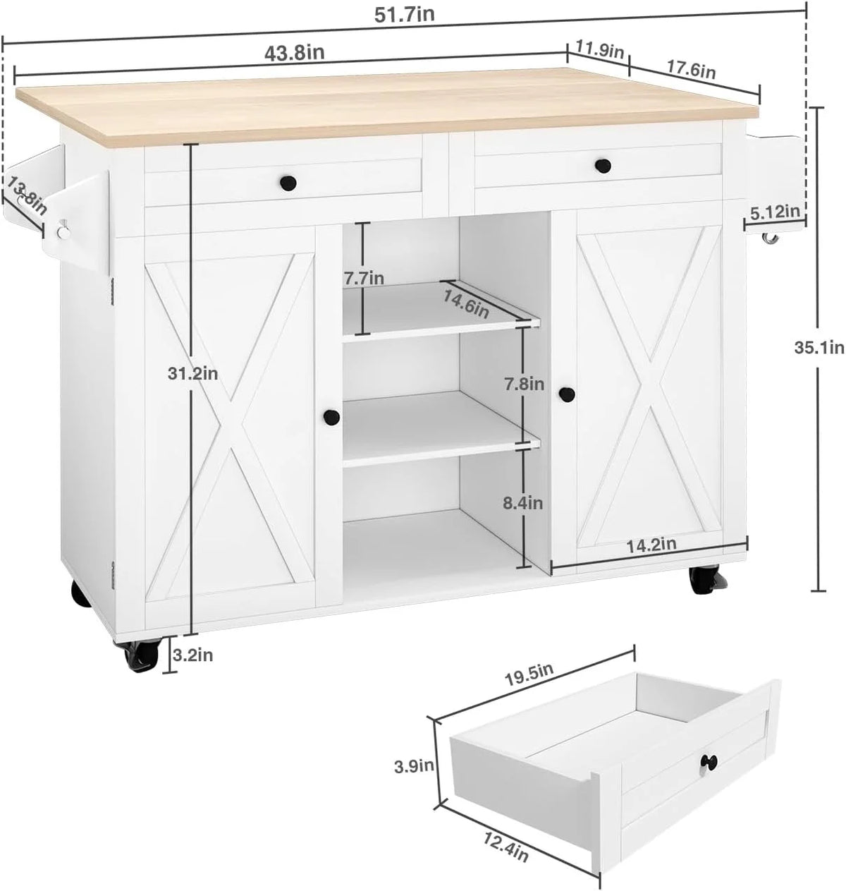 White Kitchen Island with Storage and Drop Leaf Q442376