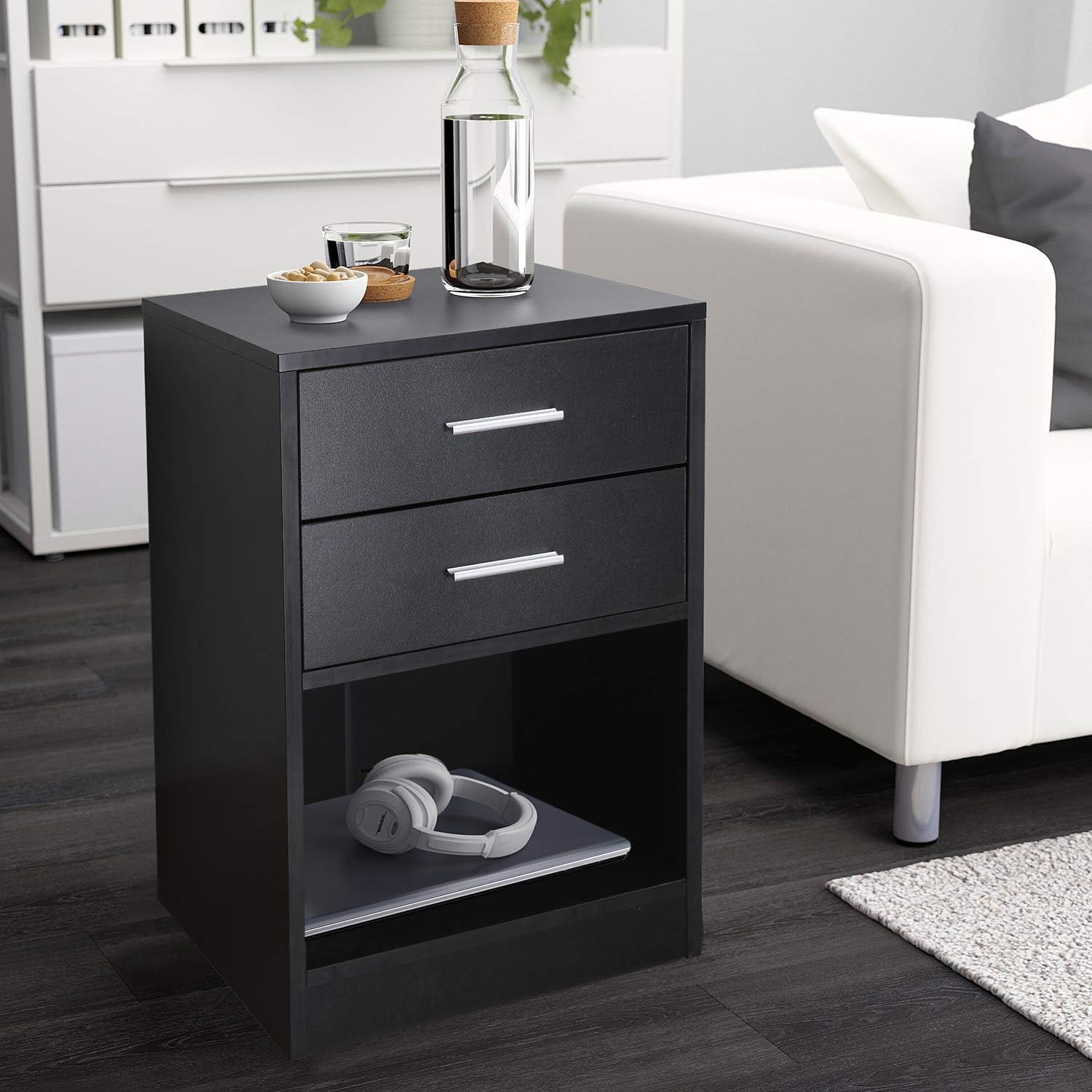 Black Double Drawer Nightstand with Shelf W812