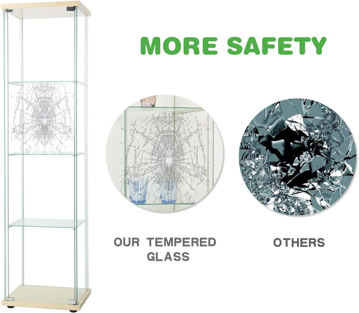 Curio Cabinet with Glass Doors 4 Shelves, 64”x 17”x 14.5”, Nature Wood L8644
