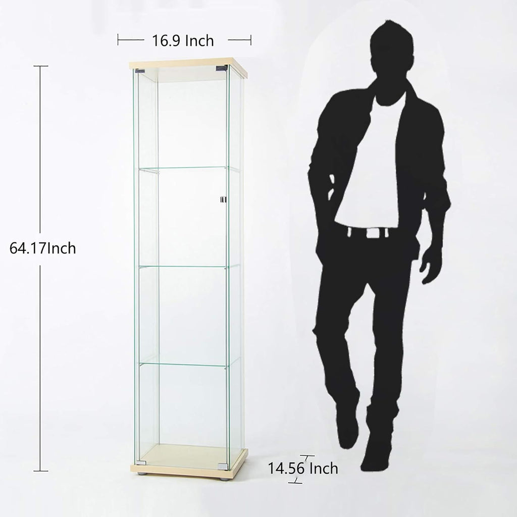 Curio Cabinet with Glass Doors 4 Shelves, 64”x 17”x 14.5”, Nature Wood L8644
