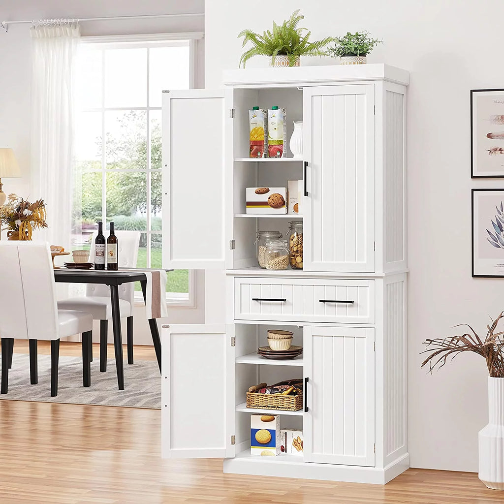 White Freestanding Kitchen Pantry Storage Cabinet with Drawer and 2 Adjustable Shelves V842852