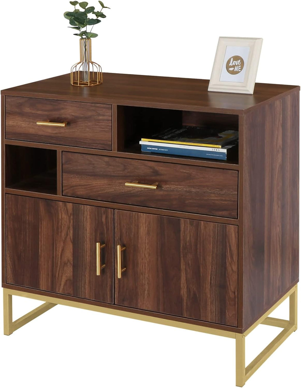 Walnut Wood 2 Doors Accent Storage Cabinet with Drawers and Shelves O6741