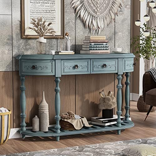 Antique White Curved Console Table with 4 Drawers Solid Wood Frame Q348