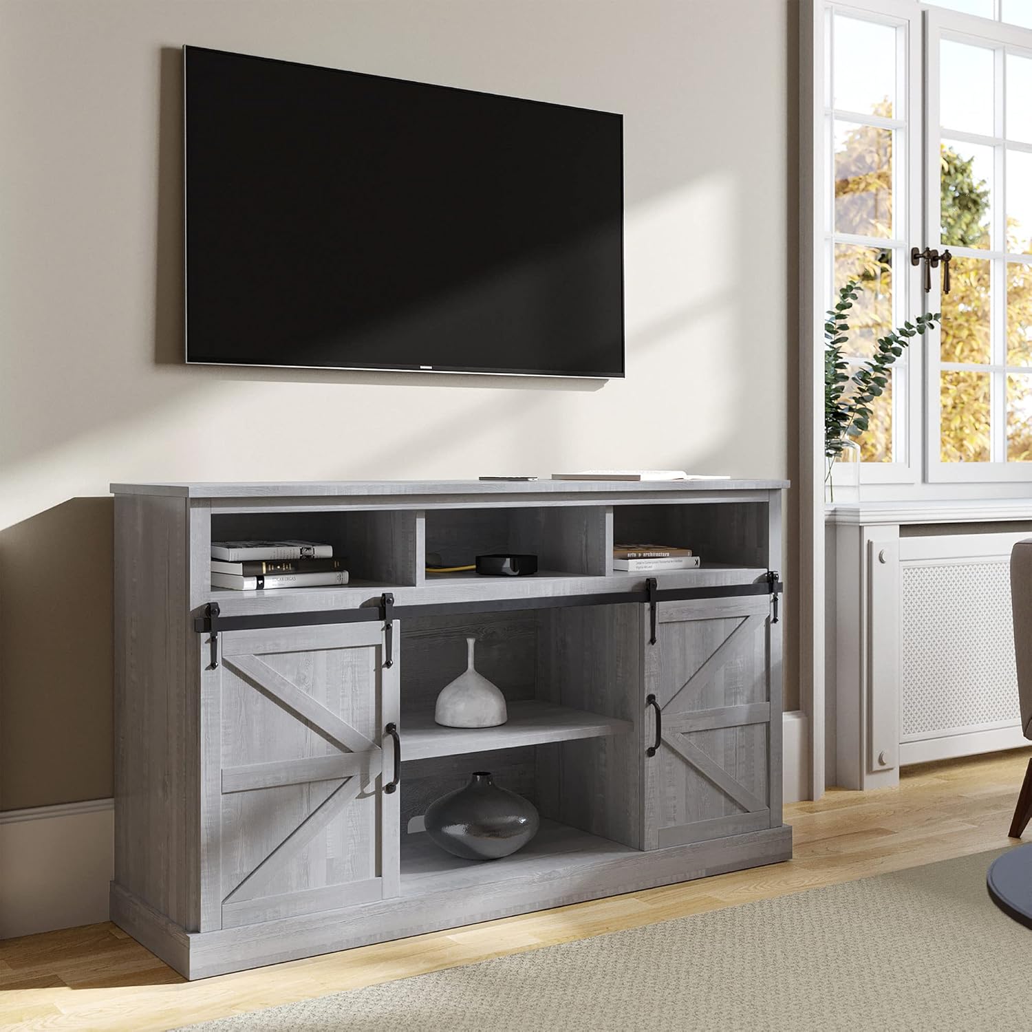 Stone Grey TV Stand with Sliding Barn Door and Storage Cabinets Z189770