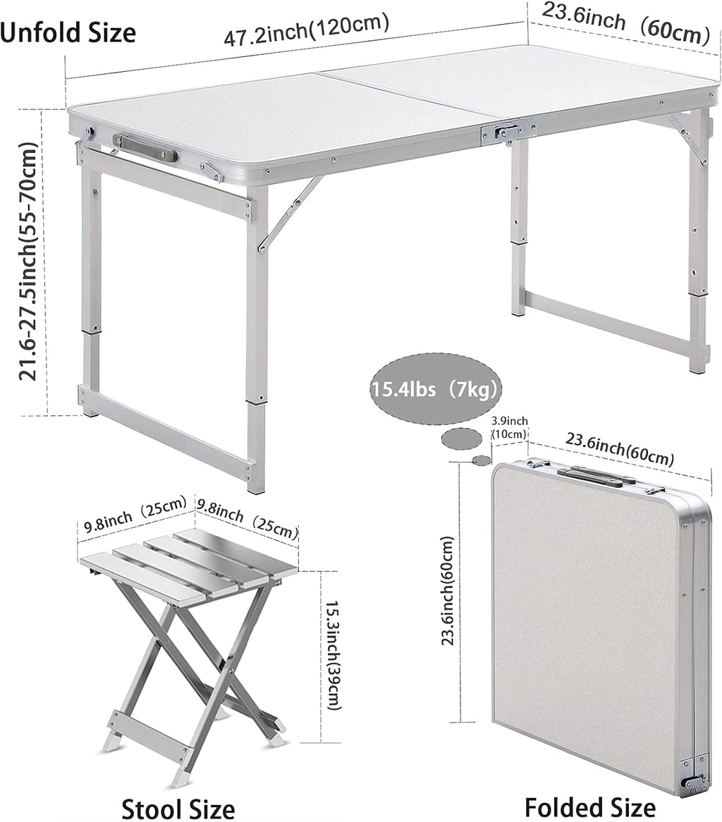 White 4 Foot Adjustable Height Folding Aluminum Camping Table with Stools W874757