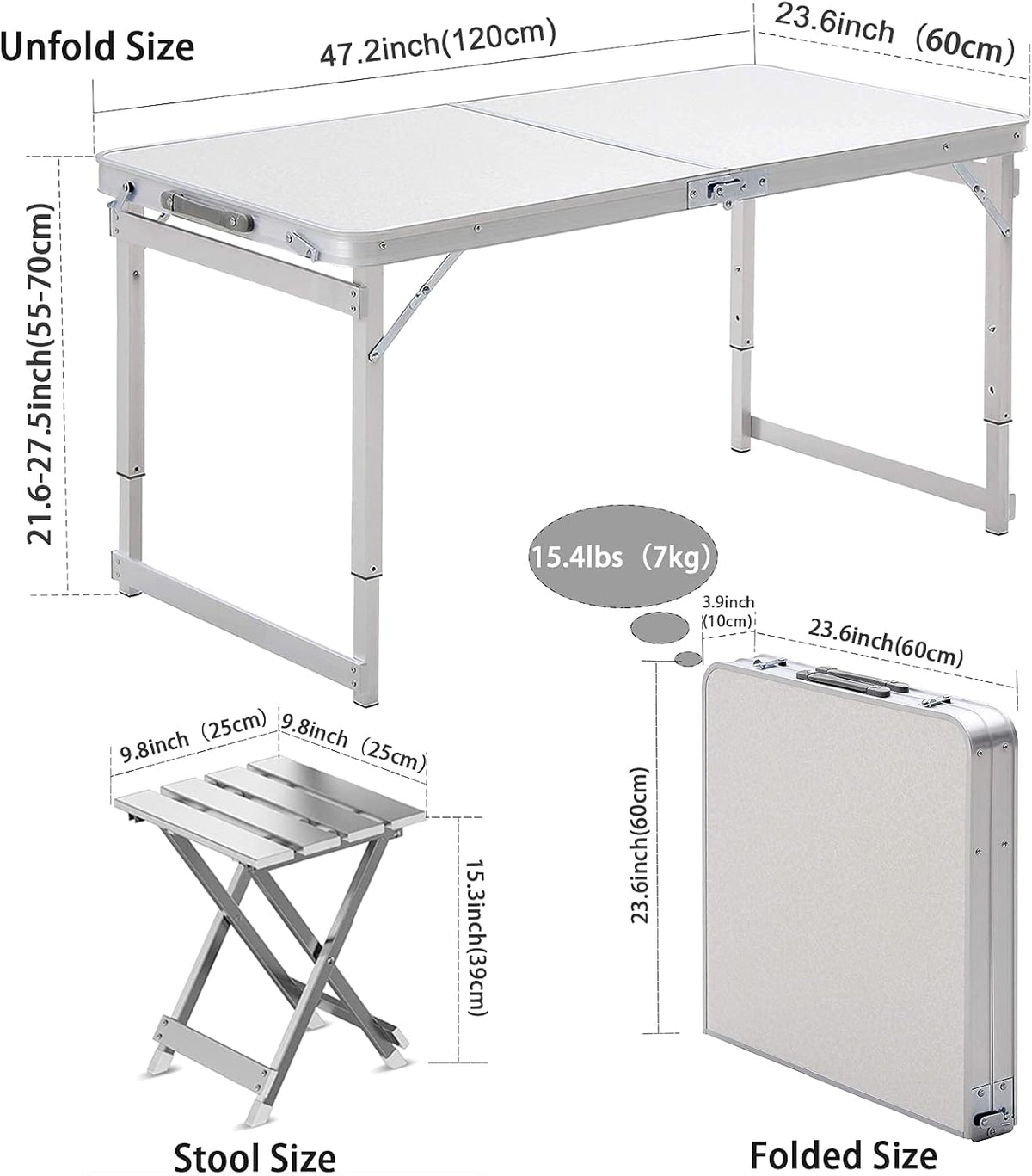 White 4 Foot Adjustable Height Folding Aluminum Camping Table with Stools W874757