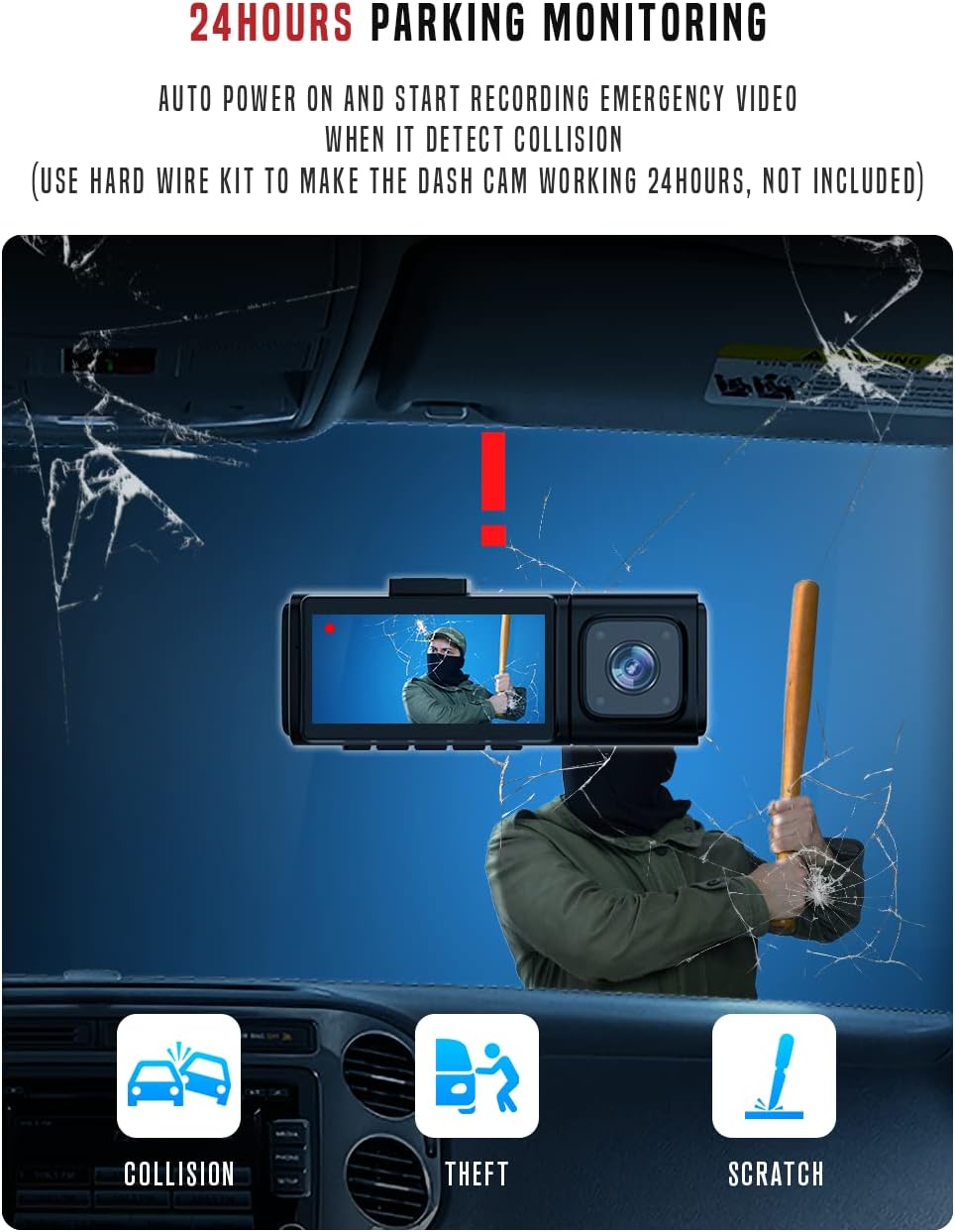 3 Channel Full HD 1080P Dash Camera with IR Night Vision, 2.45 Inch IPS Screen, Pack of 2 B45017
