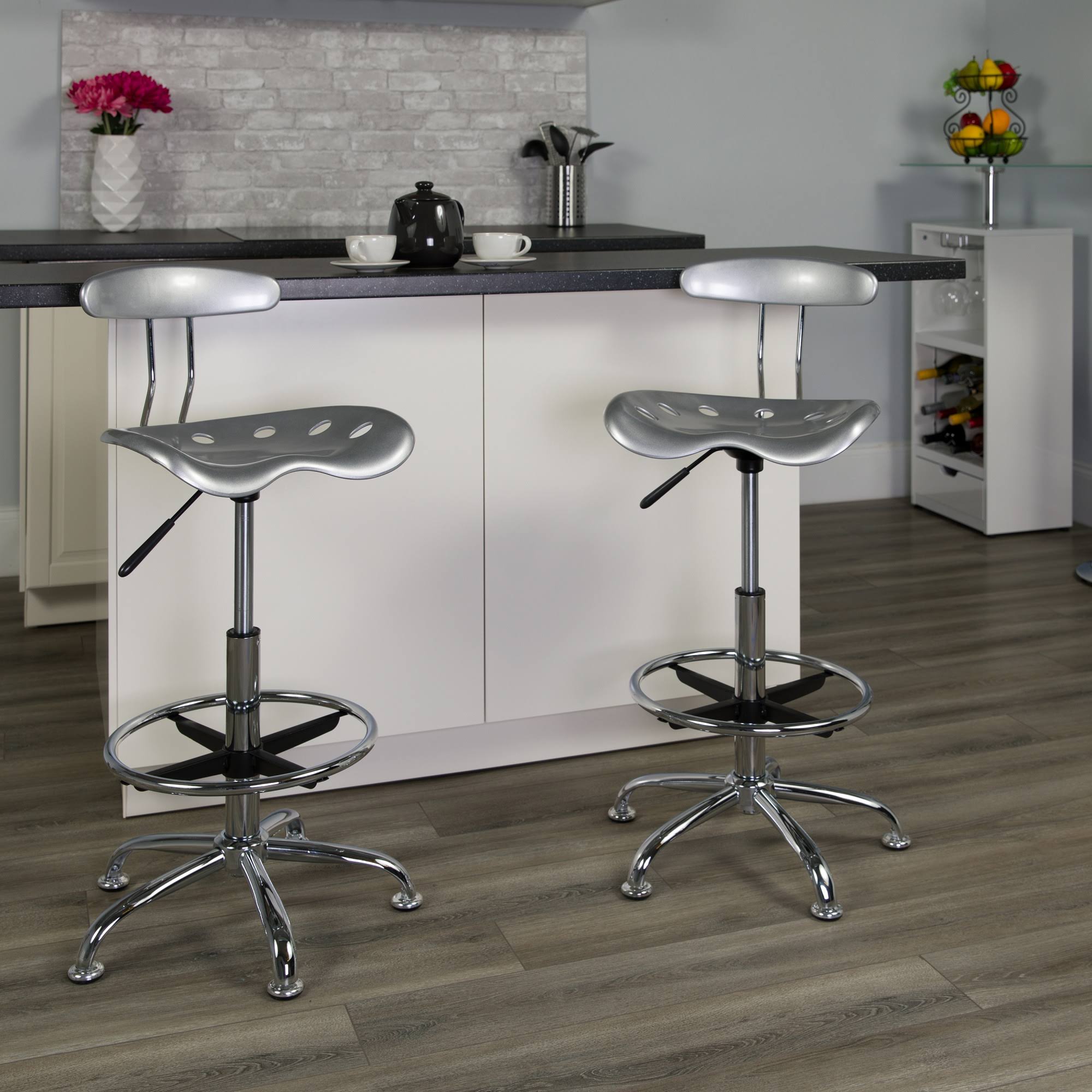 Silver and Gray Swivel Drafting Stool with Foot Ring W250735