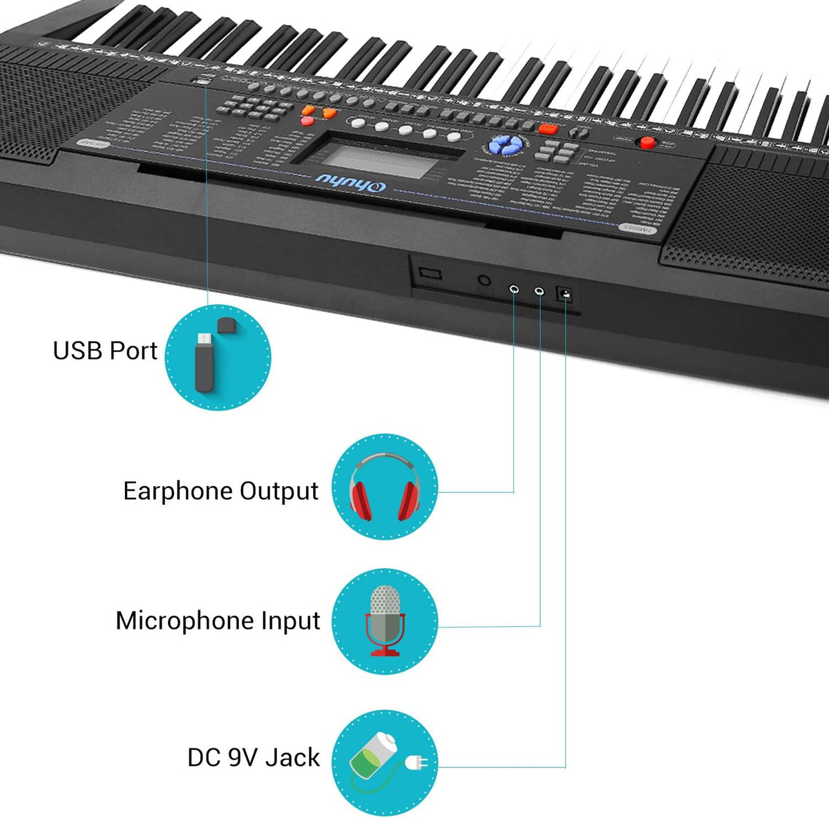 61 Keys Electric Keyboard Piano with Headphone Jack, USB Port, Teaching Modes T369