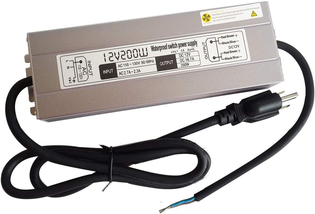 200W Waterproof Power Supply Transformer, 110-130V AC to 12V DC Output 16.7A Adapter with 3 Feet Cable U22535