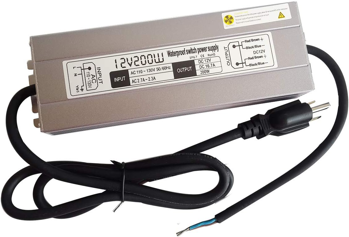 200W Waterproof Power Supply Transformer, 110-130V AC to 12V DC Output 16.7A Adapter with 3 Feet Cable U22535