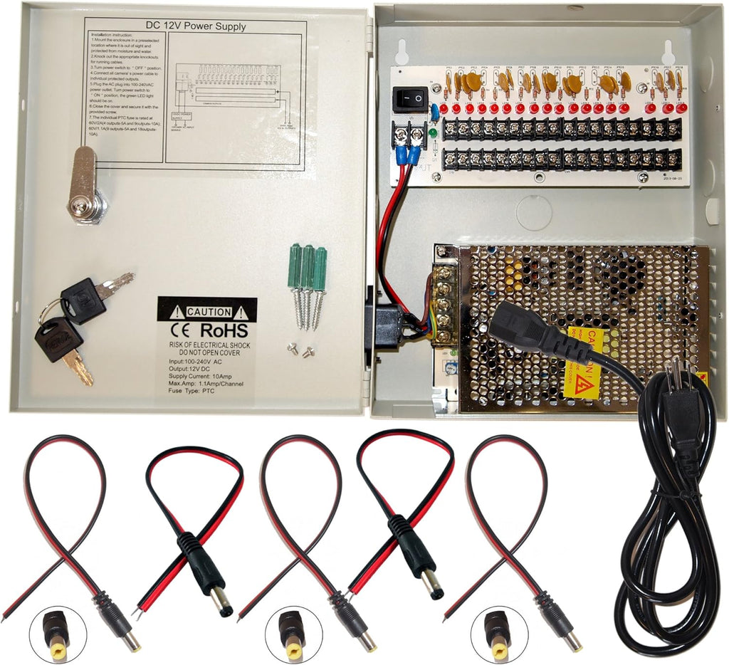 16 Channel 12 Volt DC Output CCTV Power Supply Box with 18 Pcs DC Male Pigtail E82392