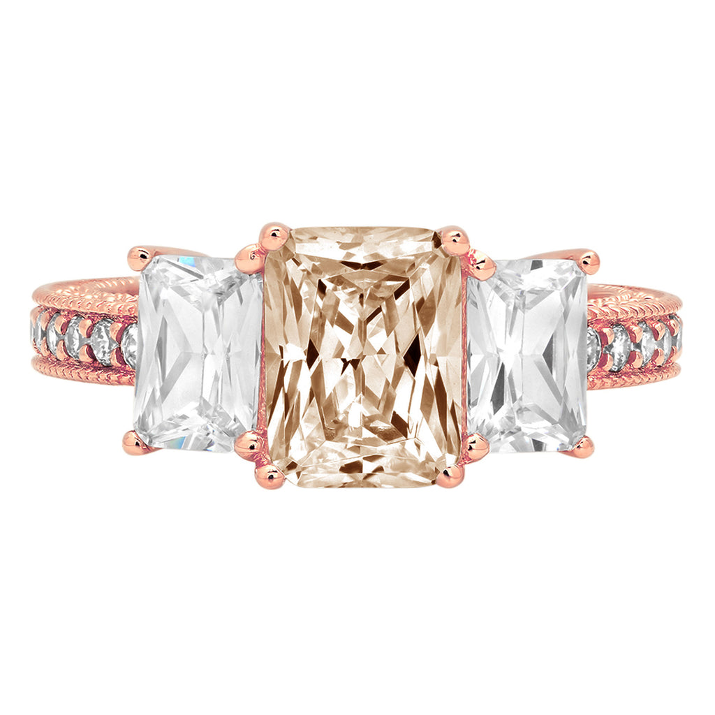 3.61ct emerald cut champagne simulated diamond 18k rose gold 3 stone ring size 7.75 N6391