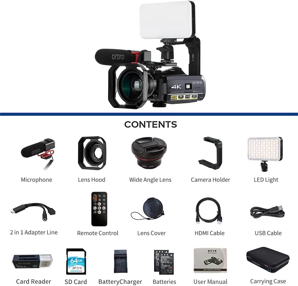 4K Camcorder with Directional Microphone and 64GB SD Card O89512