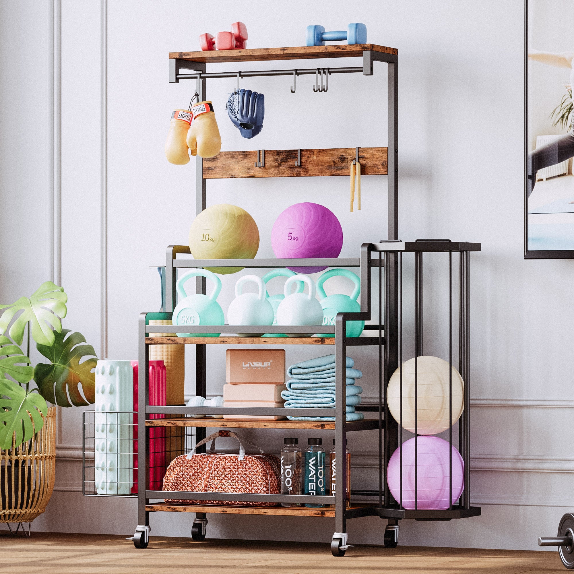 Dumbbell Rack with Ball Cage, Hooks and Wheels A73258