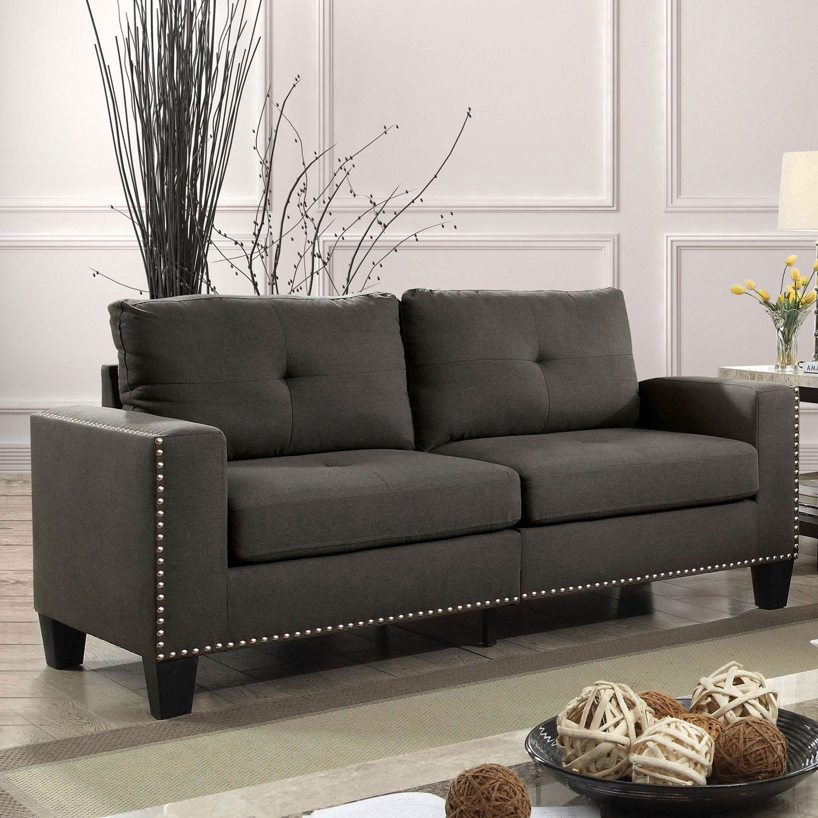 Gray Tufted Linen Like Fabric Sofa and Loveseat A121