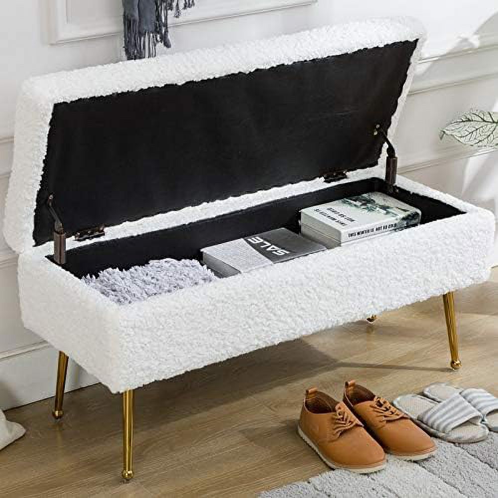 Blue Floral Faux Fur Upholstered Bench with Gold Chrome Metal Legs V7798