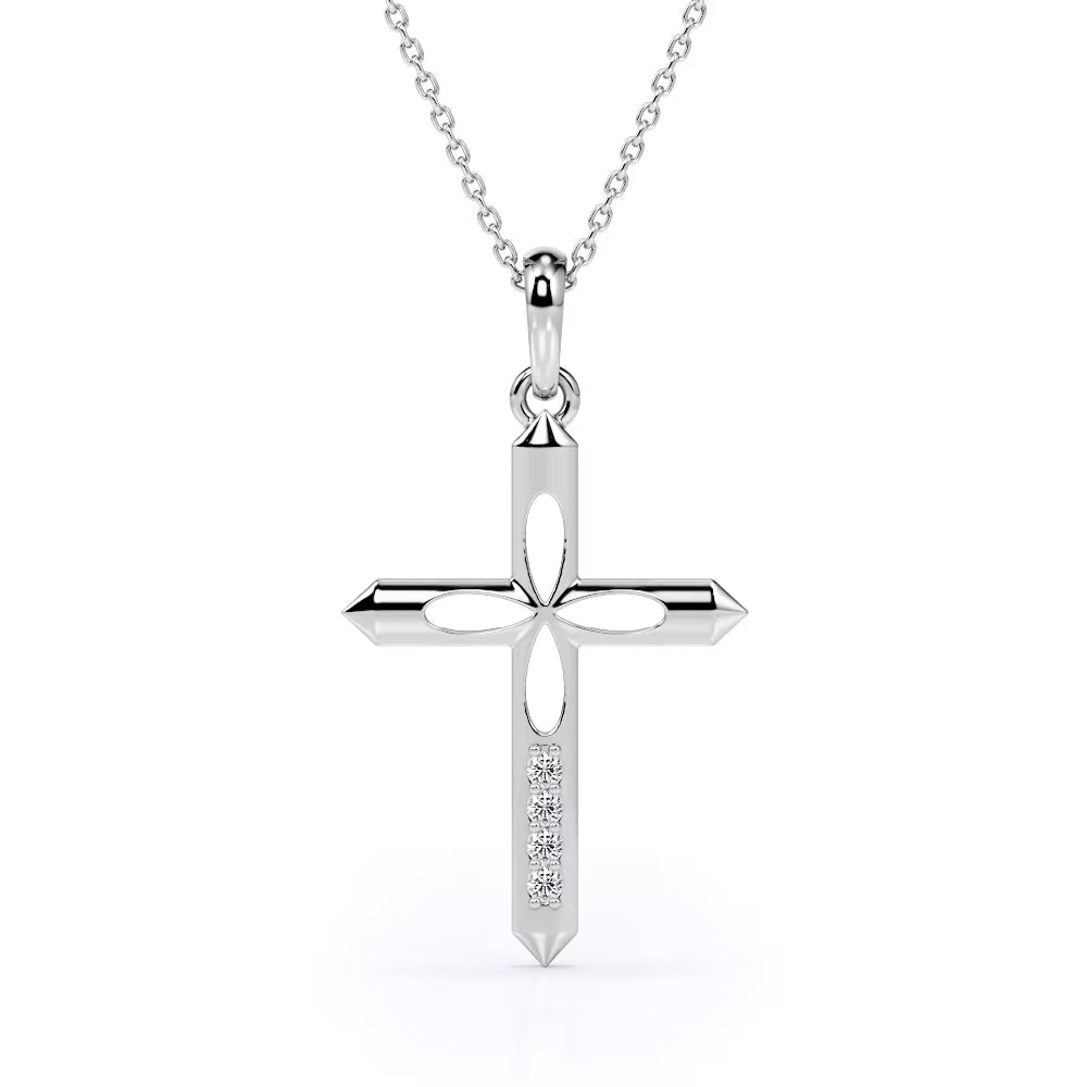 4-Petal Pencil Diamond Mini-Pave Pendant Necklace in 18K White Gold Plating over Silver A34878