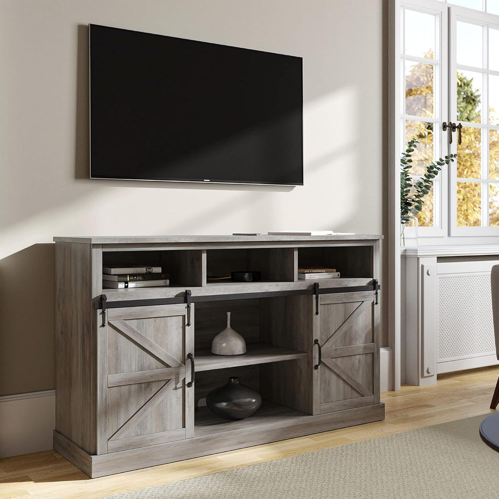 Stone Grey TV Stand with Sliding Barn Door and Storage Cabinets Z189770