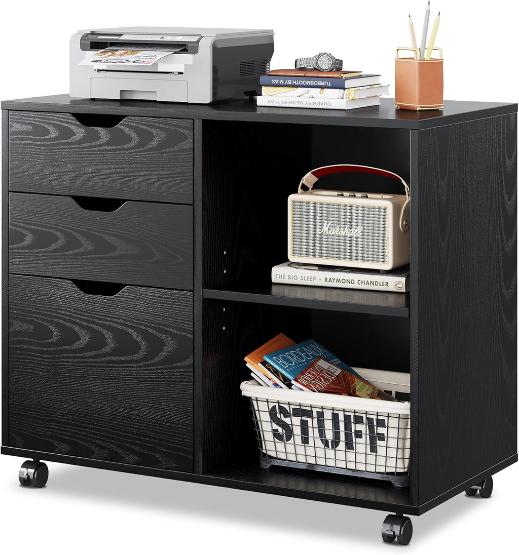 White 3-Drawer Mobile Wood File Cabinet with Open Storage Shelves Z652110