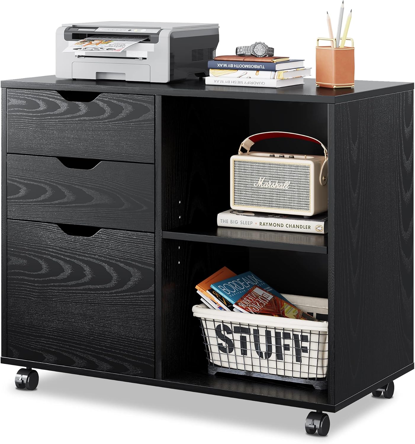 White 3-Drawer Mobile Wood File Cabinet with Open Storage Shelves Z652110