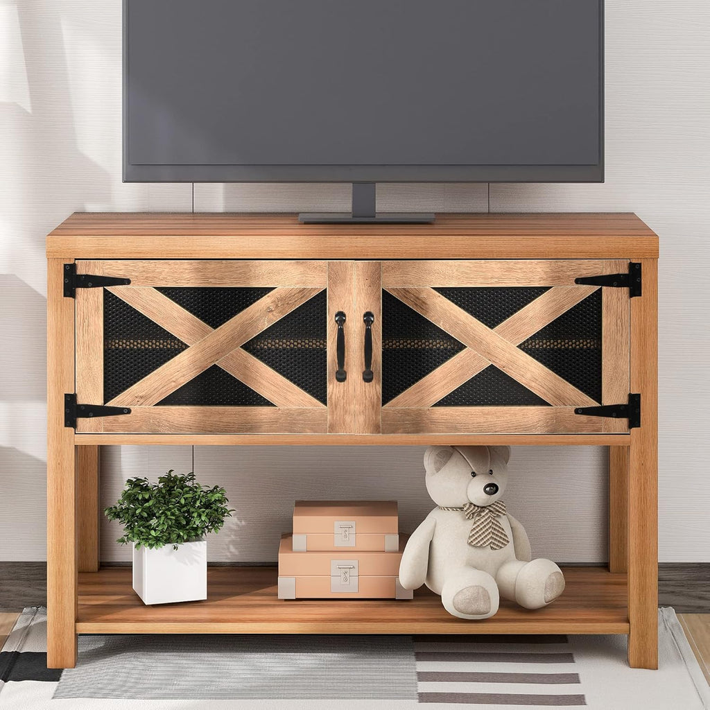 Rustic Console Table with Storage Cabinets and Bottom Shelf U126448