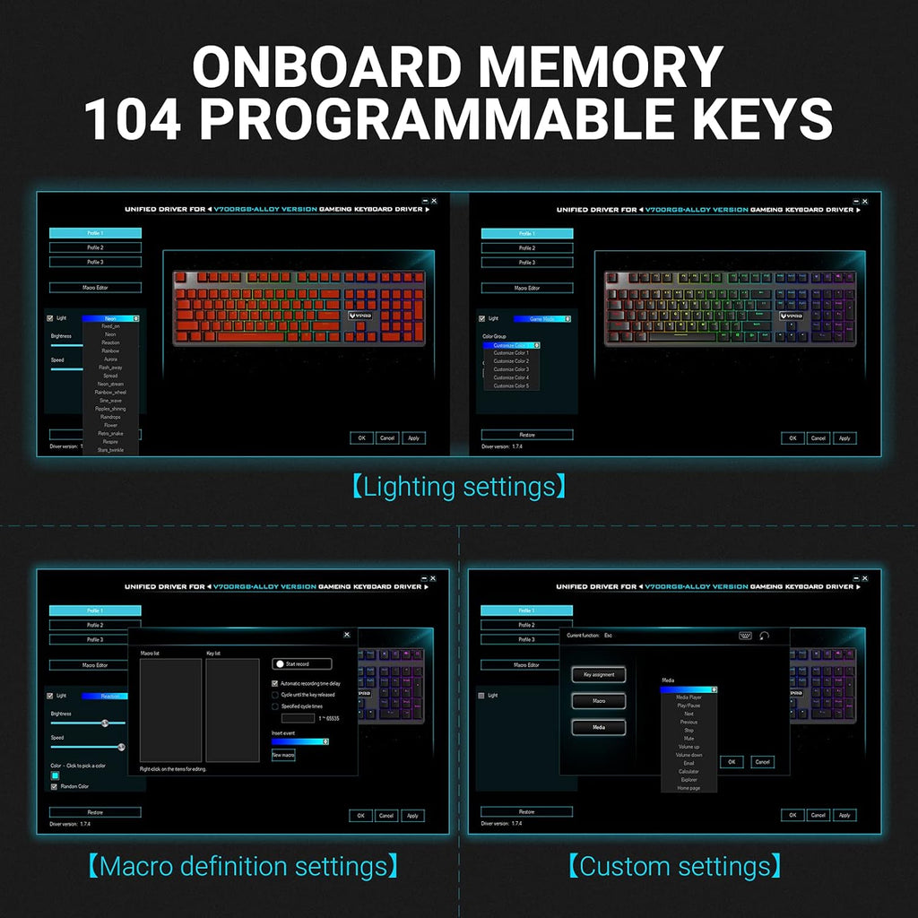 V700RGB LED Alloy Backlit Wired Mechanical Gaming Keyboard with Blue Switches, Braided Fiber Cable, Pack of 2 Y35436